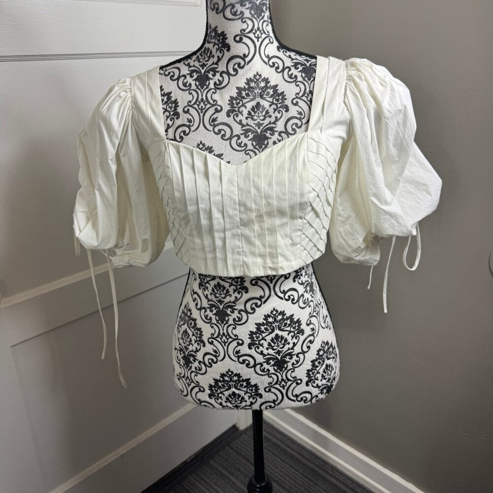 Goretty Medina White Cinched Puff Sleeve Crop Top Shirt Summer Casual